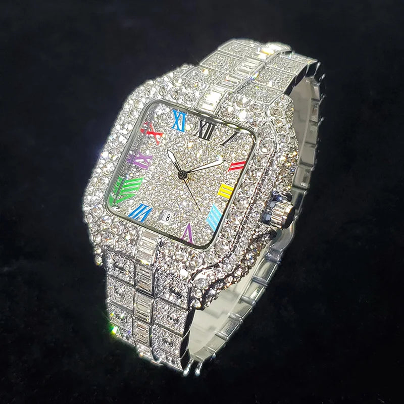 Men's Iced-Out Square Quartz Watch with Colorful Roman Numerals