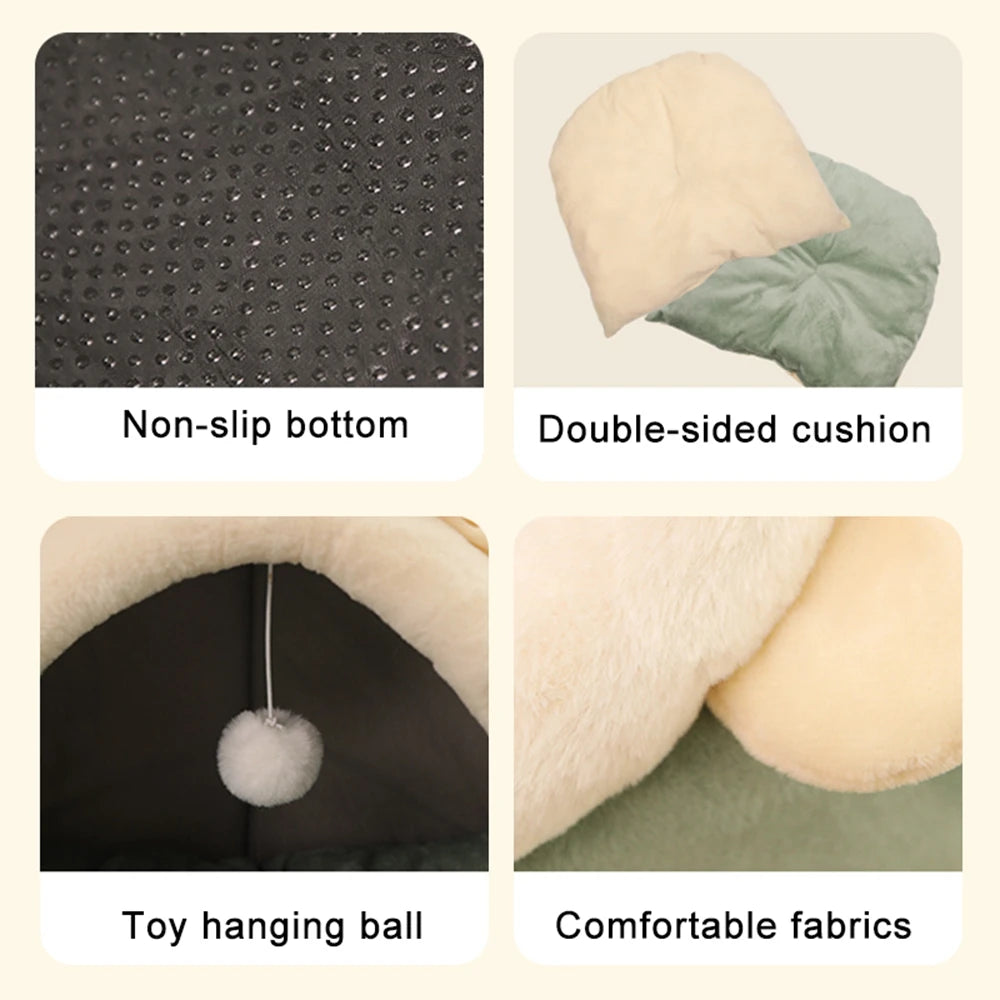 Plush Cat Cave Bed with Hanging Ball – Large