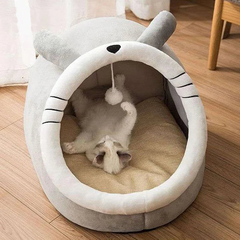 Plush Cat Cave Bed with Hanging Ball – Large