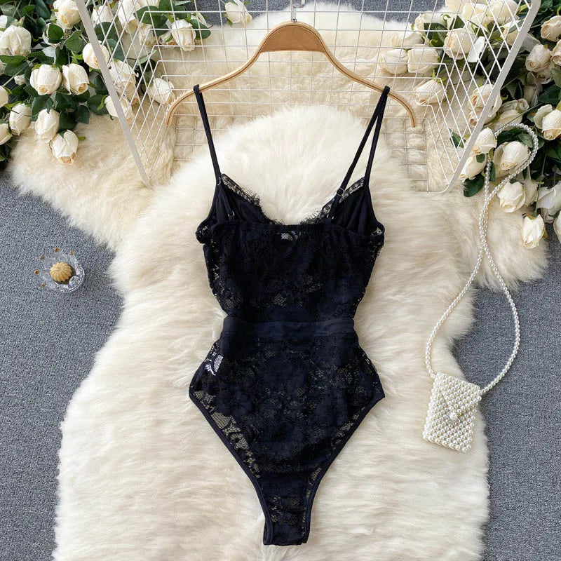 Black Floral Lace Spaghetti-Strap Bodysuit