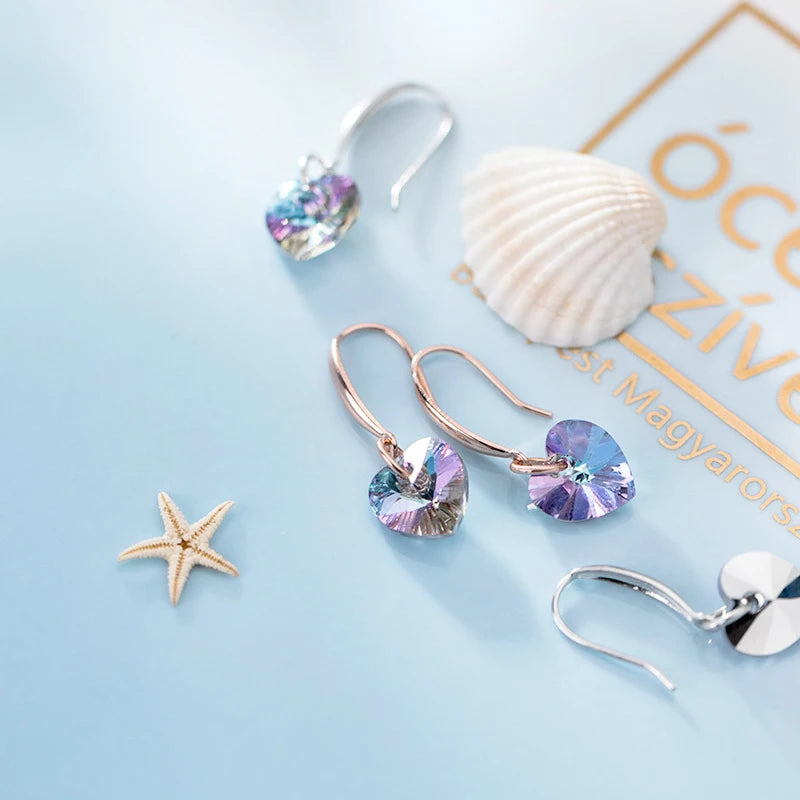 Rainbow Crystal Heart Drop Earrings – Silver or Rose-Gold Color