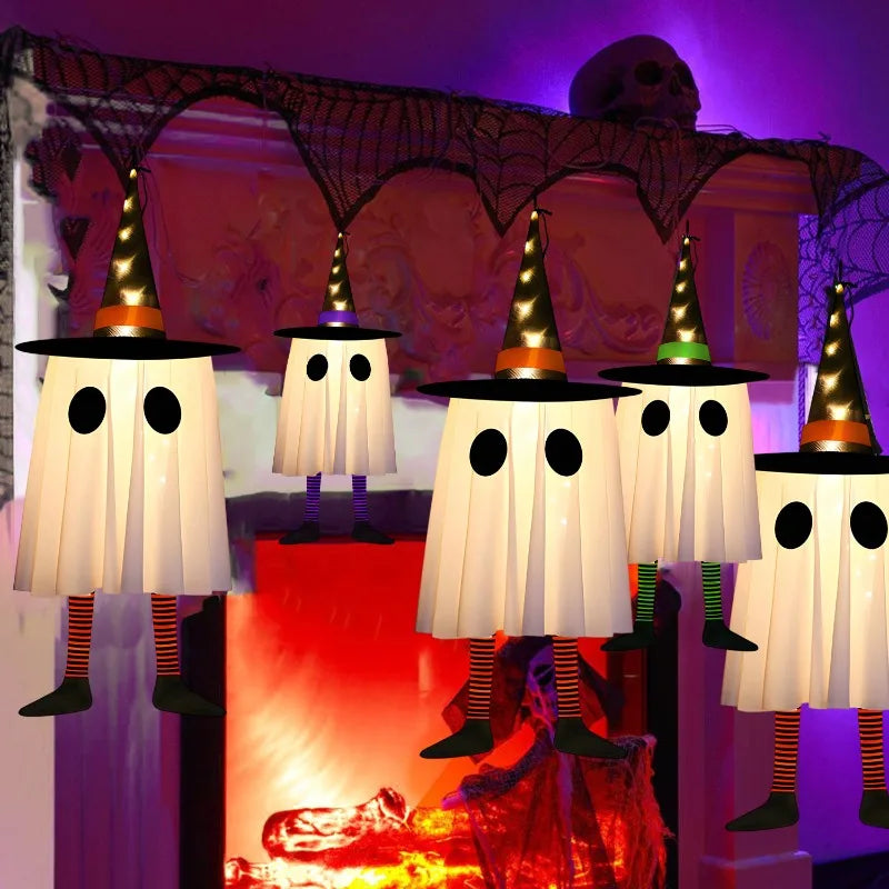 Light-Up Hanging Halloween Ghost with Witch Hat – One Piece