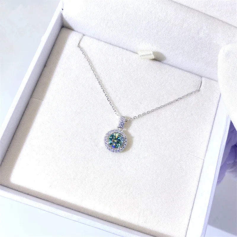 Blue Green Moissanite Pendant Necklace in 925 Sterling Silver