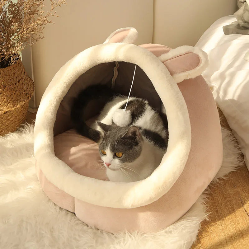 Plush Cat Cave Bed with Hanging Ball – Large