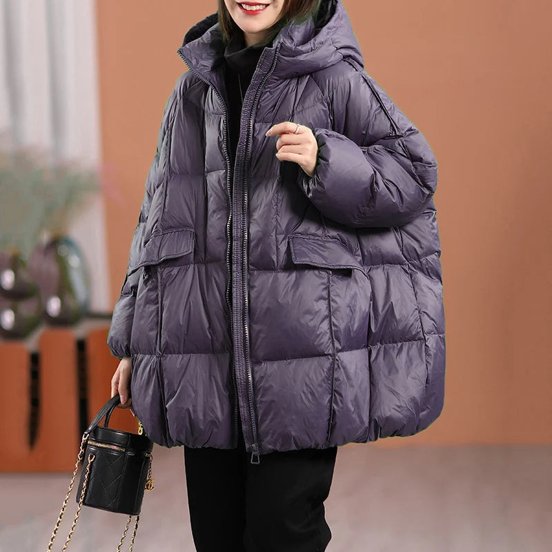 Hooded White Duck Down Puffer Jacket, Oversized Fit