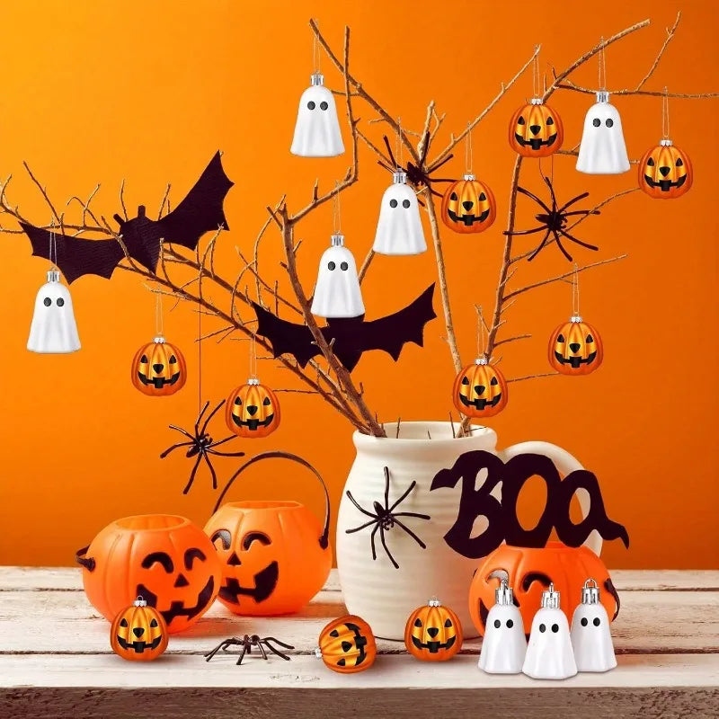 Halloween Ghost & Pumpkin Hanging Ornaments – 12 Pieces