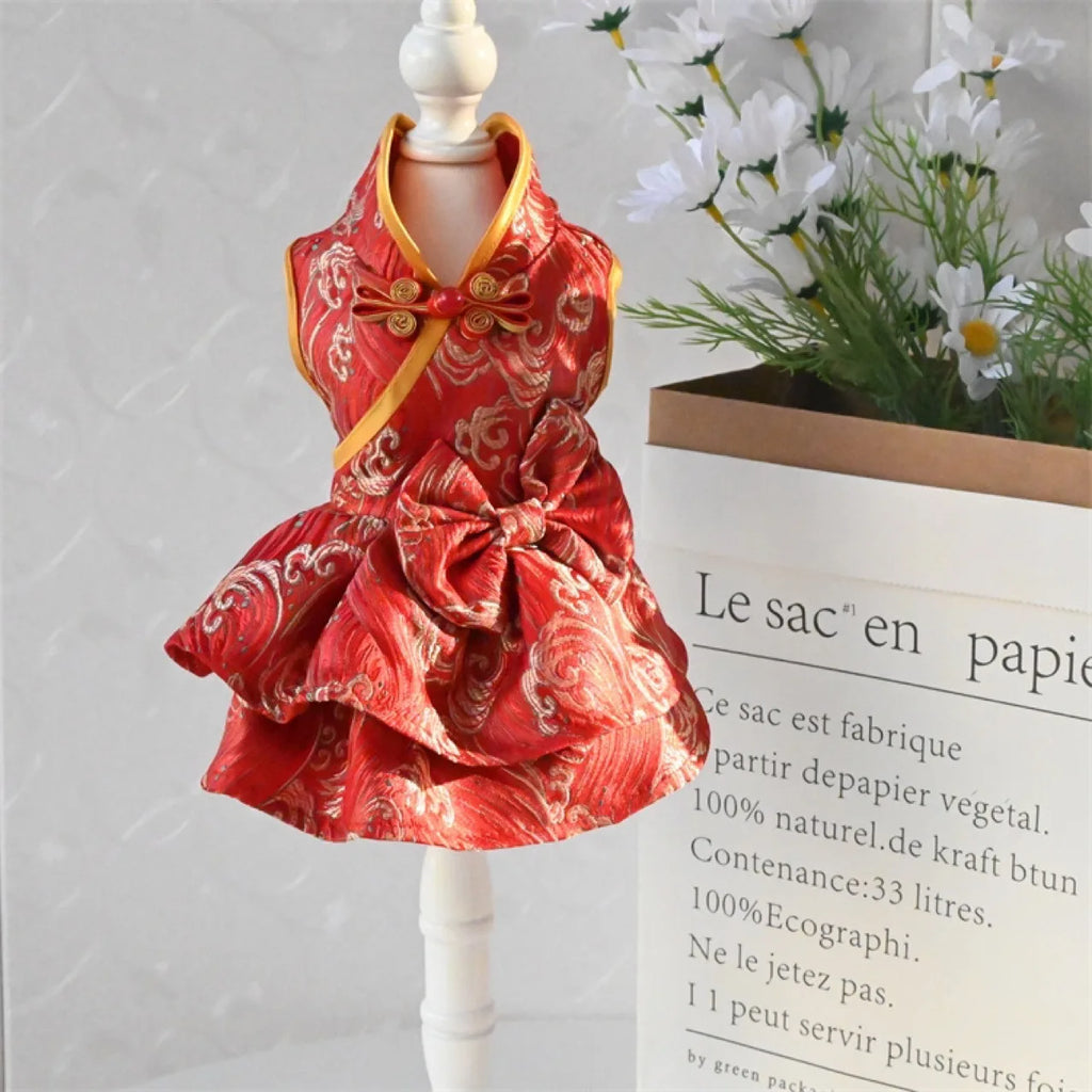 Chinese-Inspired Red & Gold Dog Dress with Bow