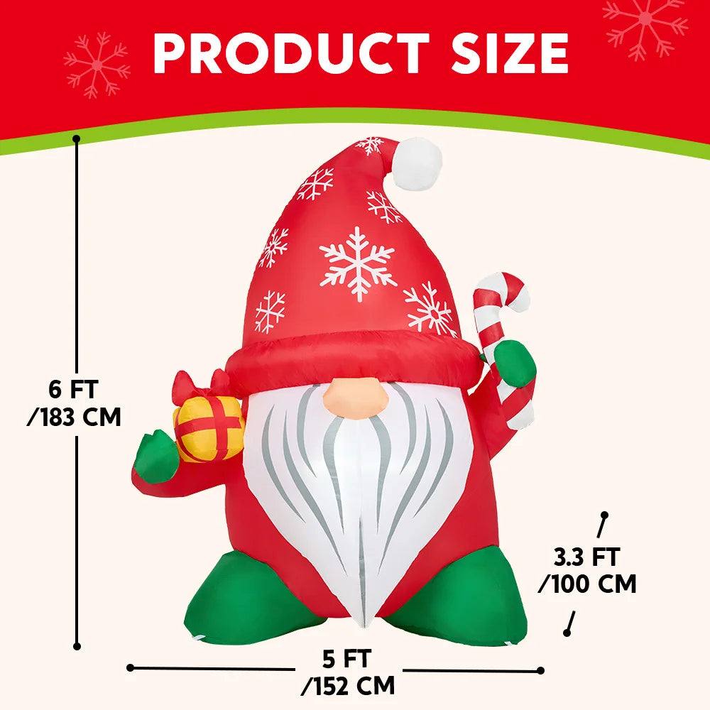 6-Foot LED Christmas Inflatable Gnome with Gift & Candy Cane