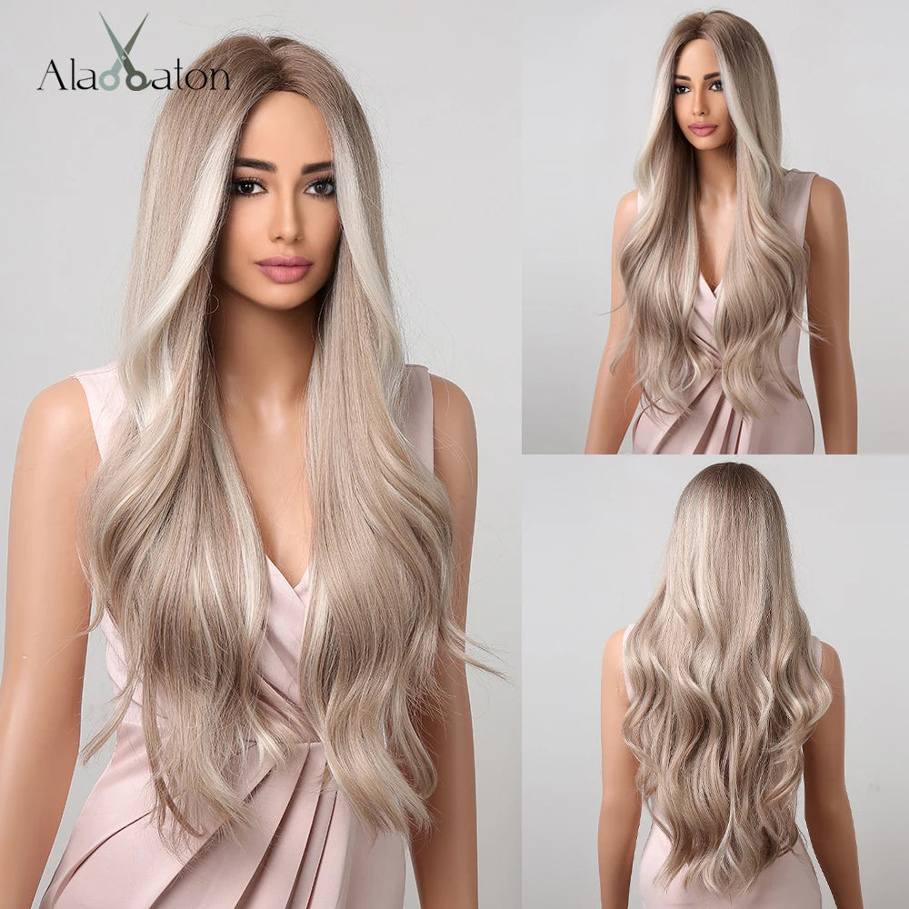 Long Wavy Middle-Part Synthetic Wig, Ombre Colors