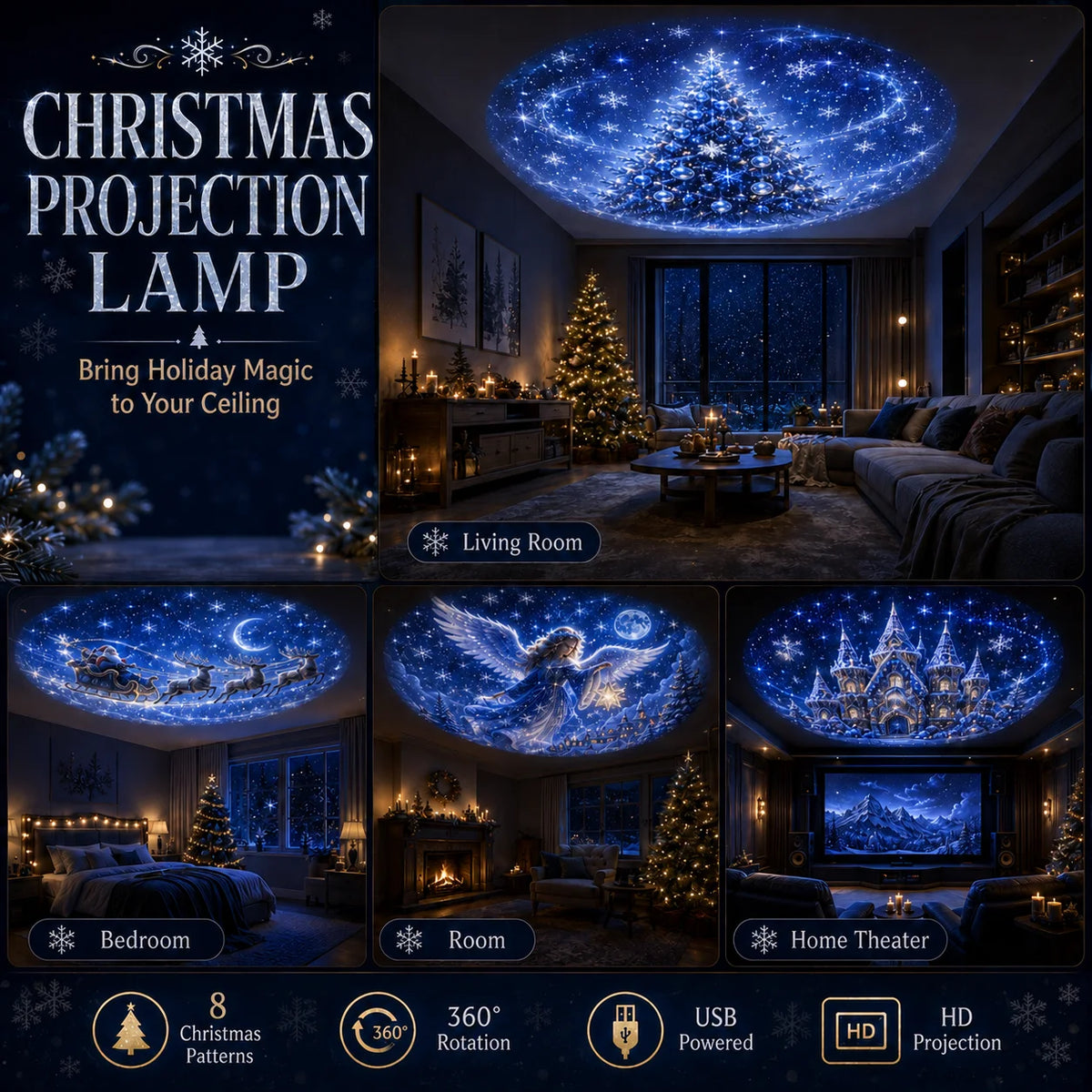 USB Christmas Projector Light with 8 Patterns