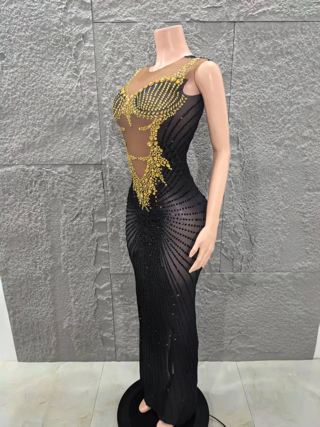 Black and Gold Embellished Sheer Mesh Evening Dress
