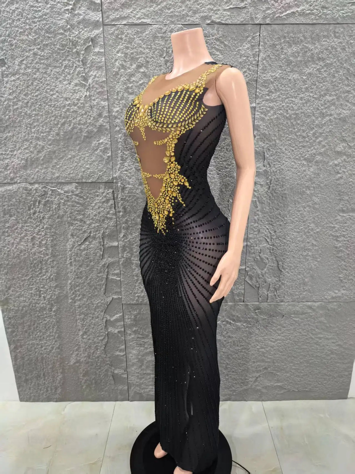 Black and Gold Embellished Sheer Mesh Evening Dress