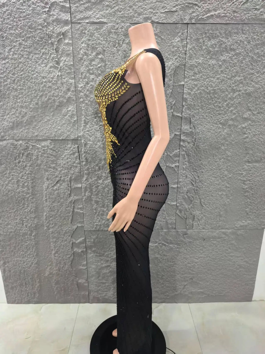 Black and Gold Embellished Sheer Mesh Evening Dress