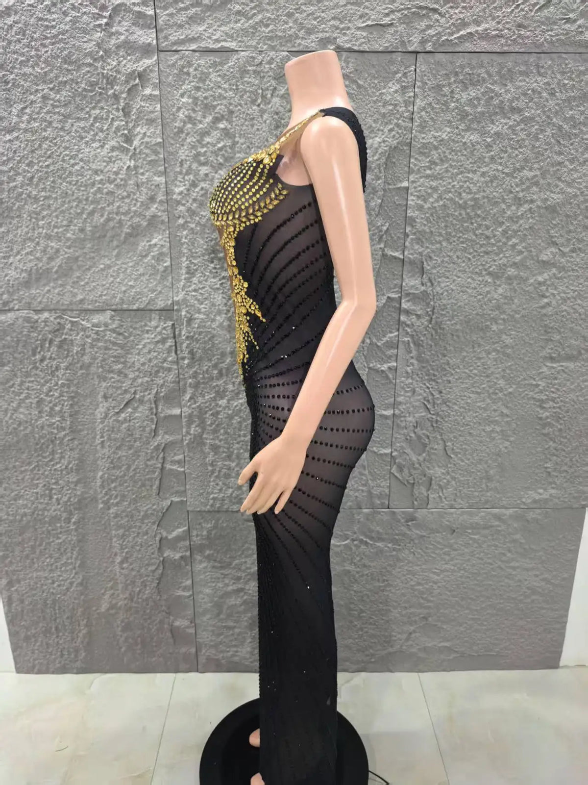 Black and Gold Embellished Sheer Mesh Evening Dress