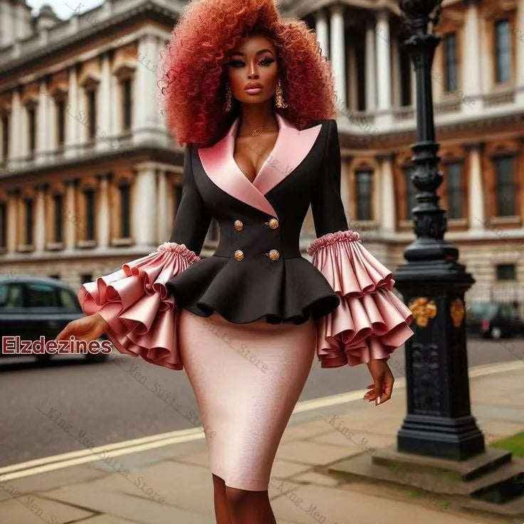 Contrast-Lapel Peplum Blazer & Pencil Skirt Set with Tiered Cuffs