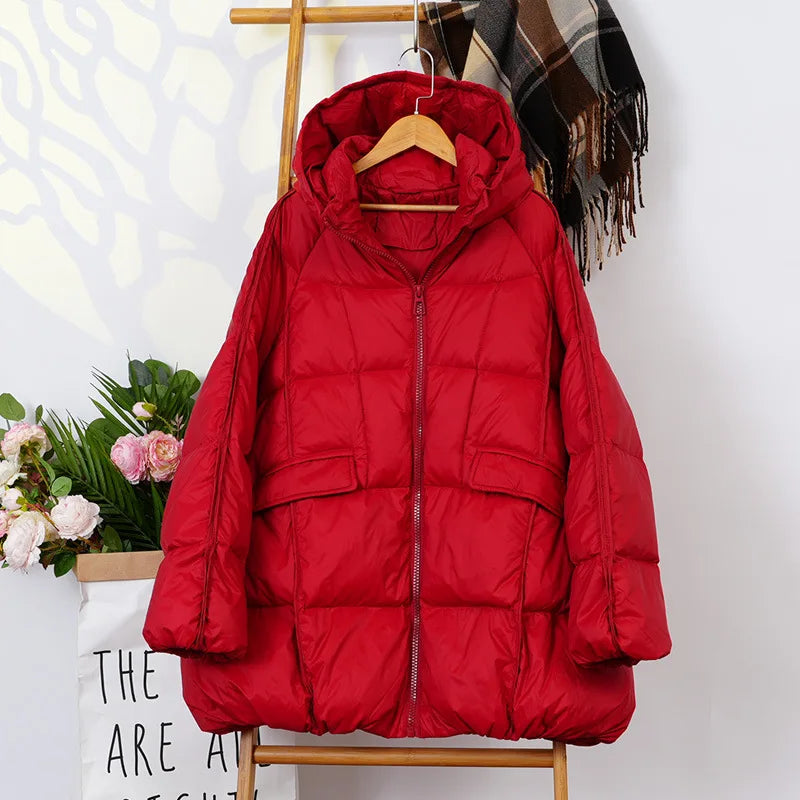 Hooded White Duck Down Puffer Jacket, Oversized Fit