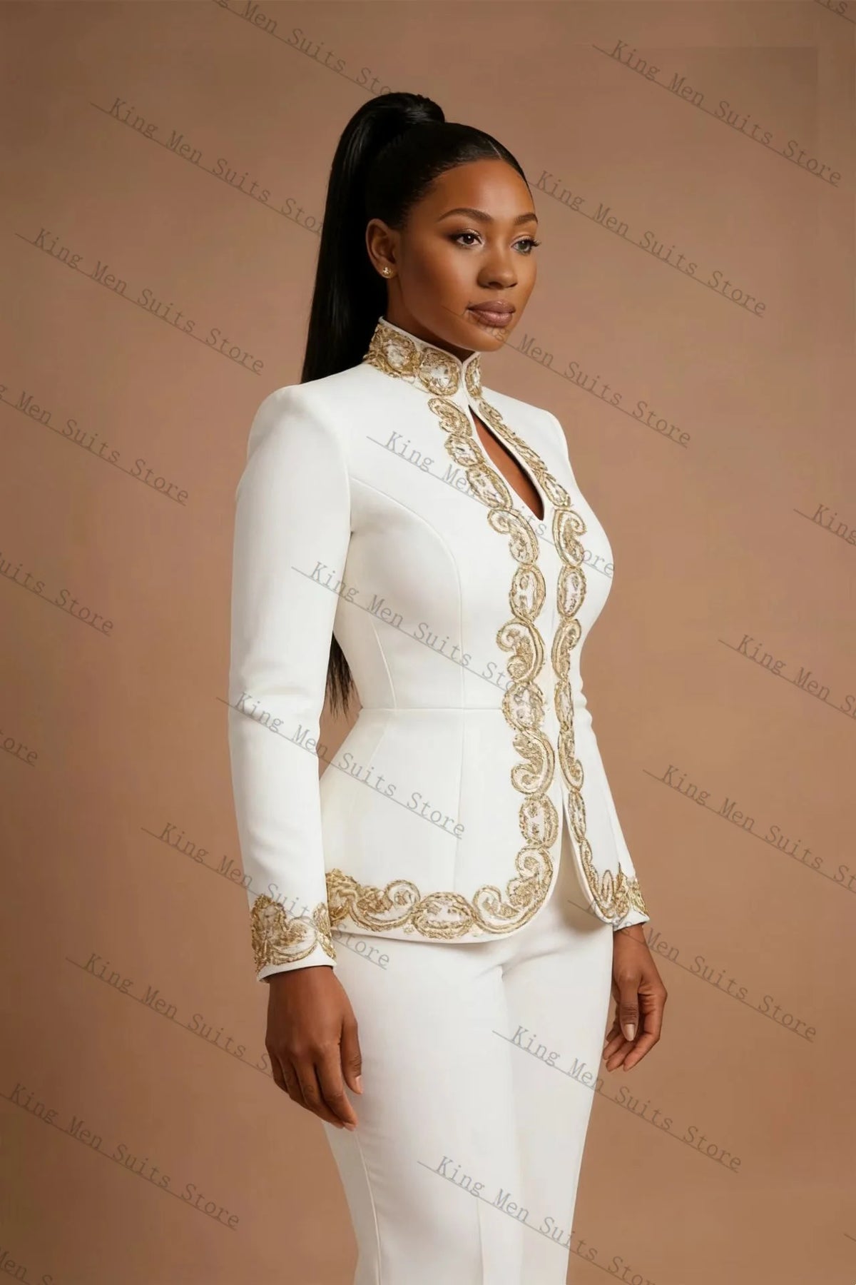 Gold-Embroidered Blazer & Pants Suit