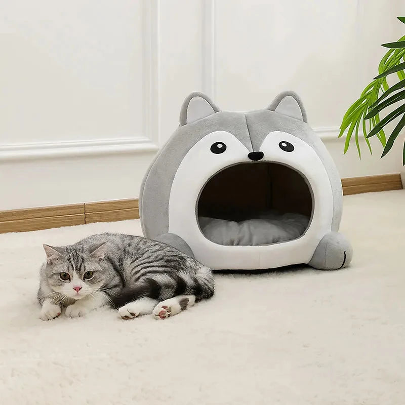 Husky-Shaped Plush Cat Cave Bed – Three Sizes