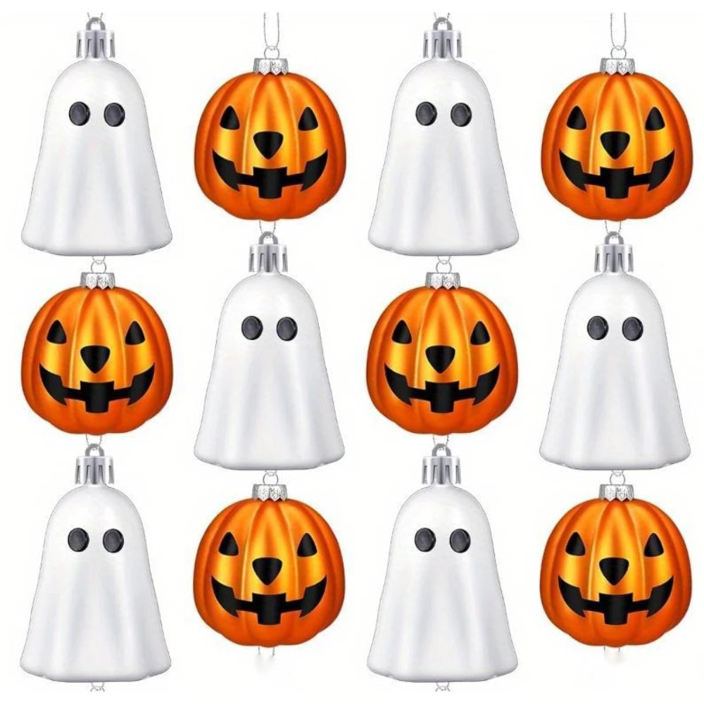 Halloween Ghost & Pumpkin Hanging Ornaments – 12 Pieces