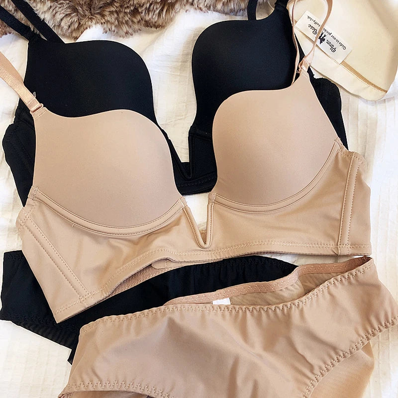 Seamless Plunge Push Up Bra and Brief Set
