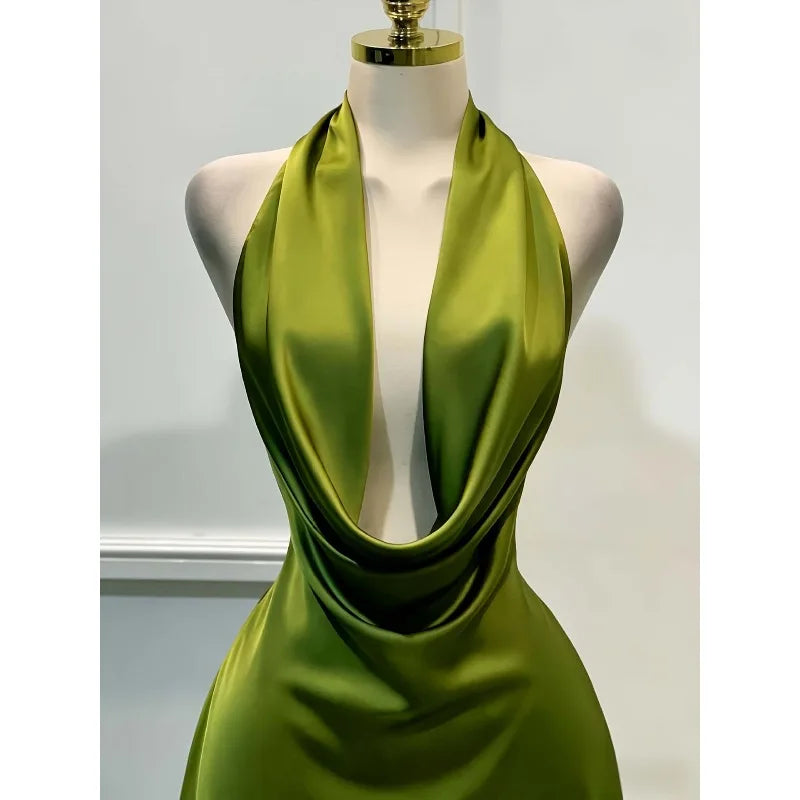 Satin Cowl-Neck Halter Mini Dress with Open Back
