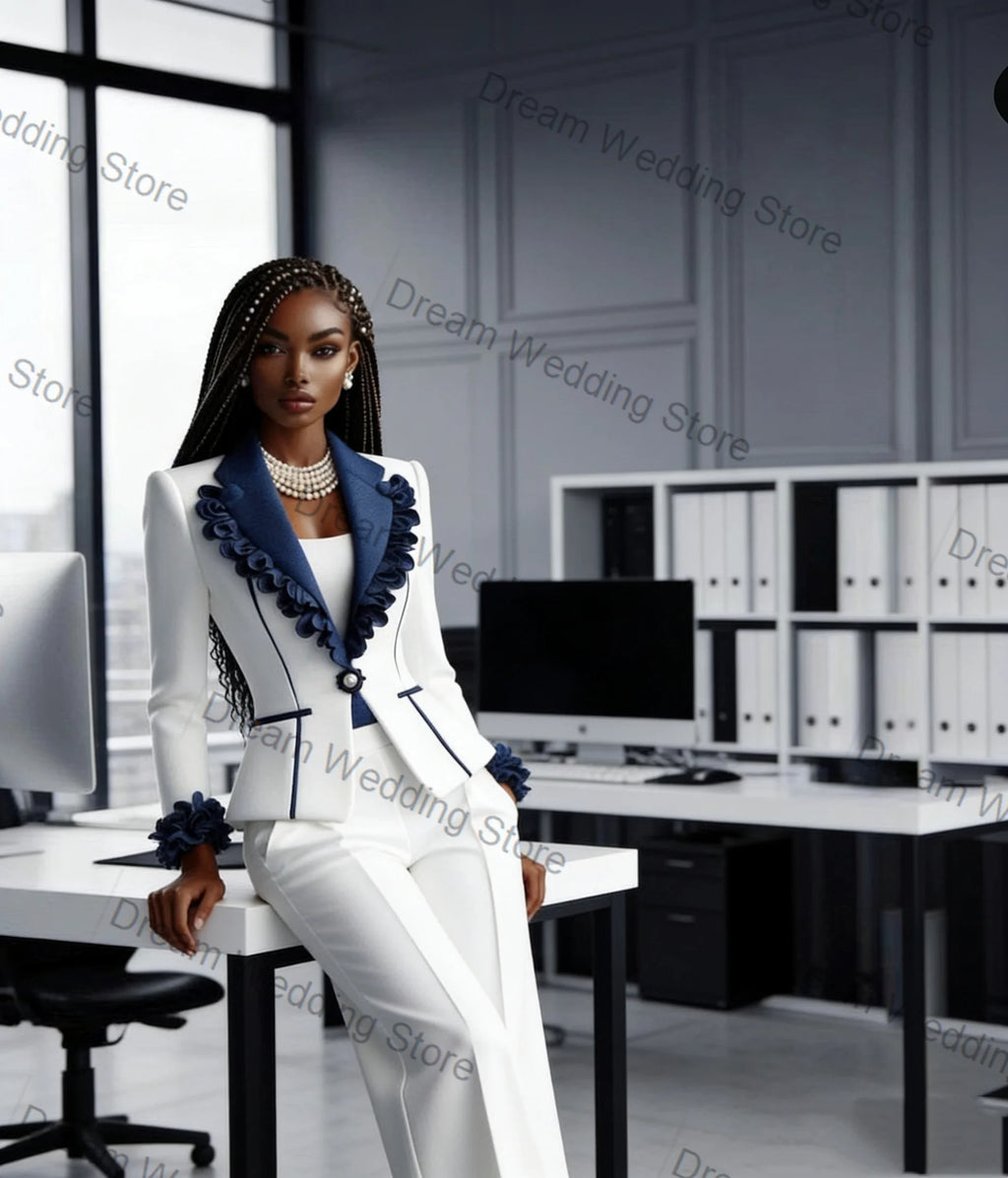 Contrast Ruffle-Trim Blazer & Pants Suit Set