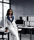Contrast Ruffle-Trim Blazer & Pants Suit Set