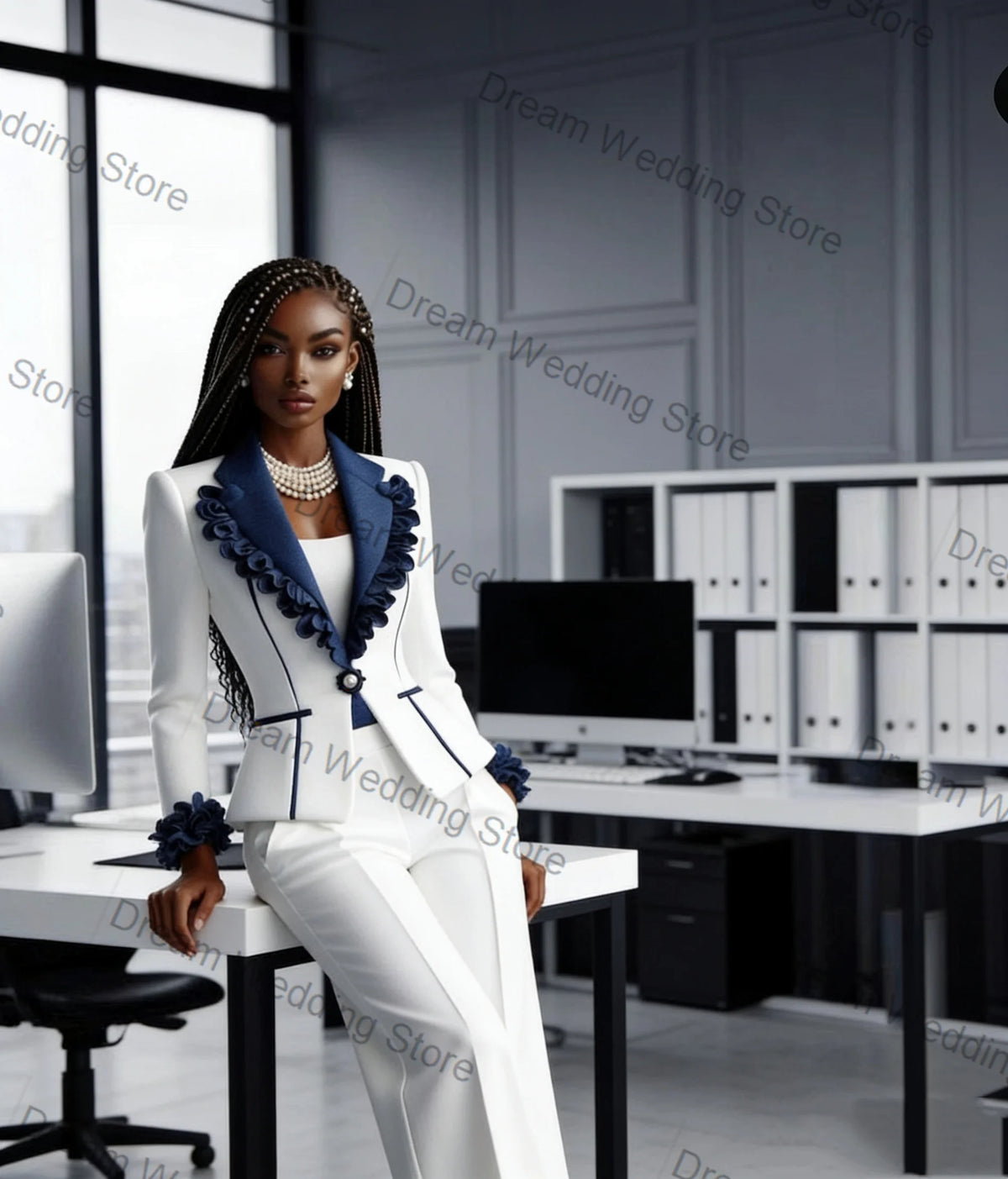 Contrast Ruffle-Trim Blazer & Pants Suit Set