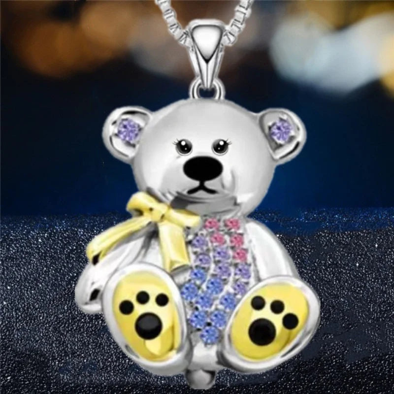 Teddy Bear Pendant Necklace with Colorful Accents