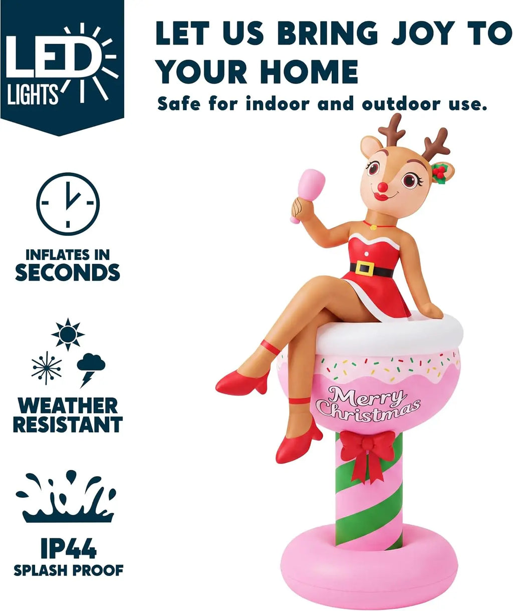 6FT Christmas Inflatable Reindeer Lady in Cocktail Glass Outdoor Decoration Reindeer Blow Up Christmas Decorations Party Ornament with Built‑in LED Light for Xmas Yard Garden Bar Holiday Decor