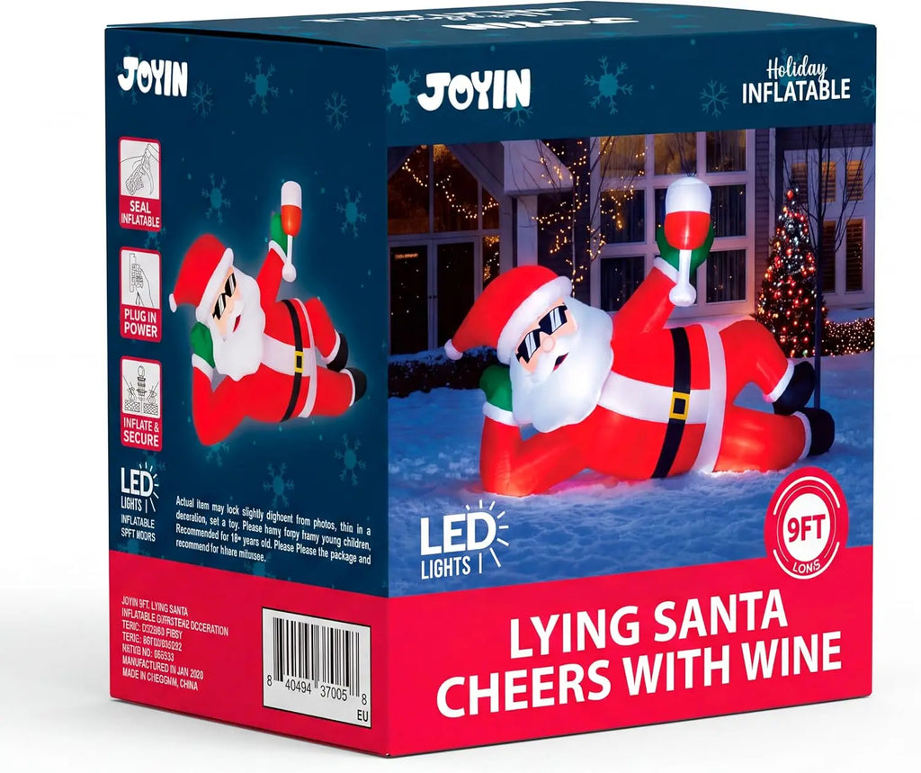 9FT Giant Christmas Inflatable Santa Outdoor Decoration Lying Santa Claus Christmas Blow Ups Yard Decorations with Built‑in LED Lights for Xmas Roof Lawn Garden Patio Holiday Party Decor
