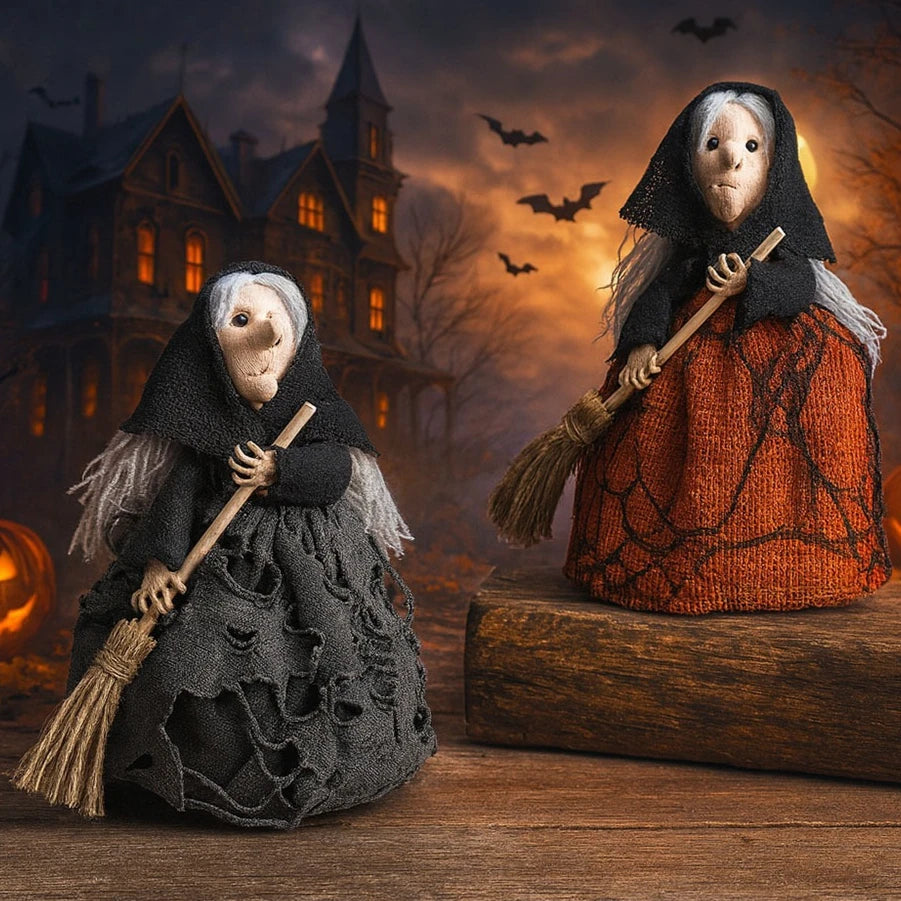 Halloween Tabletop Witch with Broom – Black or Orange