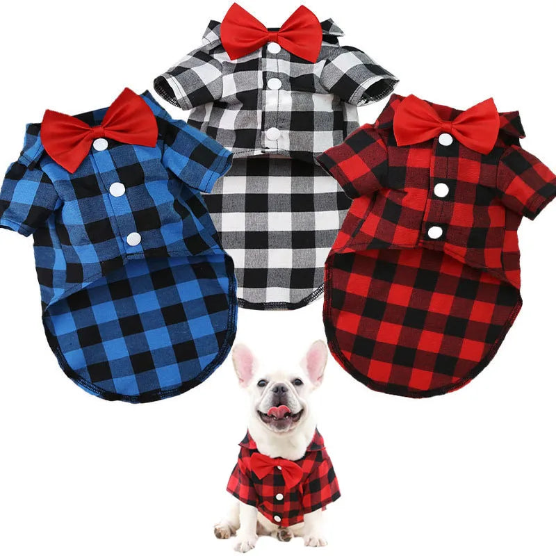 Plaid Pet Shirt with Red Bow Tie – Three Colors, XS–4XL