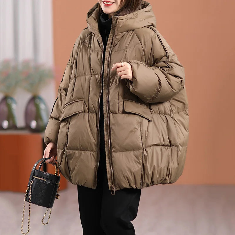 Hooded White Duck Down Puffer Jacket, Oversized Fit