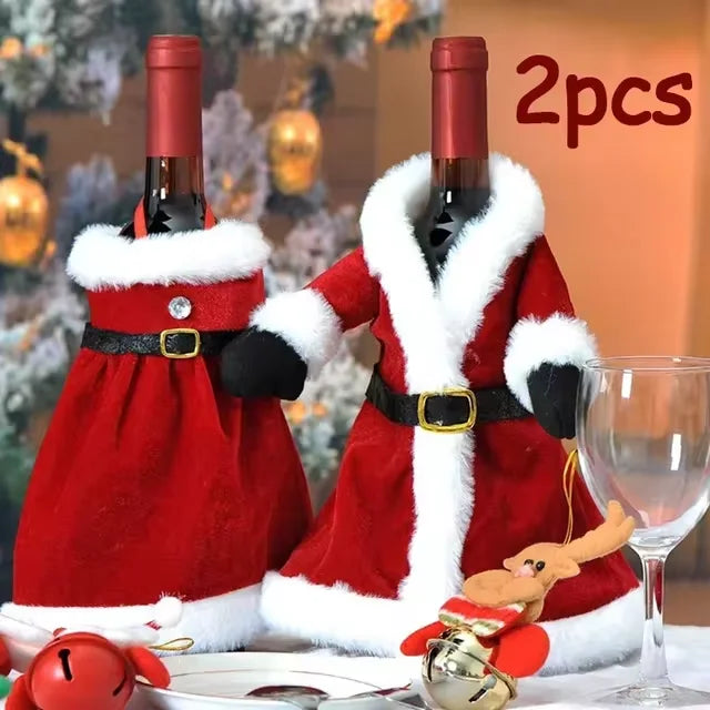 Creative Christmas Wine Bottle Set Golden Velvet Dress Wine Bottle Covers Sleeve Santa Snowman Xmas New Year Dinner Table Decor