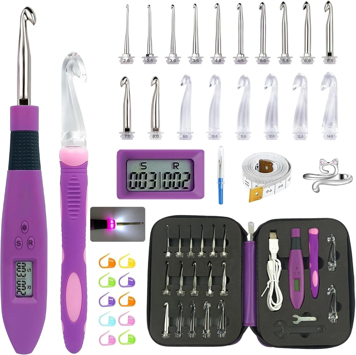 Lighted Crochet Hook Set with Digital Stitch & Row Counter