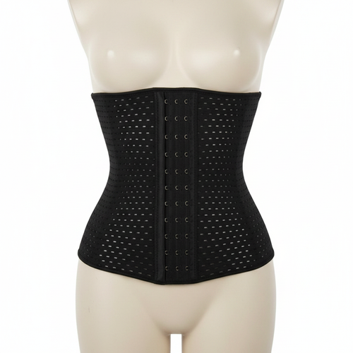 Black perforated waist trainer with hook-and-eye closure